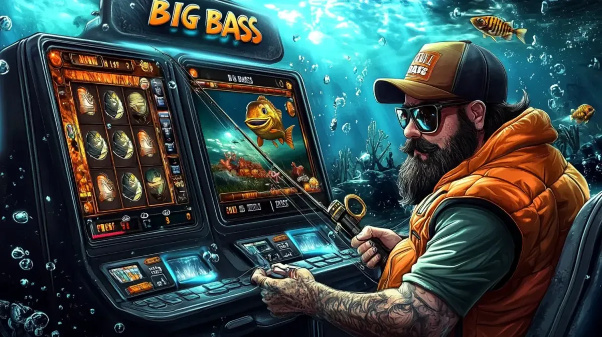 baji baji-এ সানগ্লাস পরা একটি দাড়িওয়ালা জেলে Big Bass গেমটি খেলছেন। মেশিনটির স্ক্রিনে পানির নিচের সেটিং-এ মাছ ধরার থিমটি প্রদর্শিত হচ্ছে।